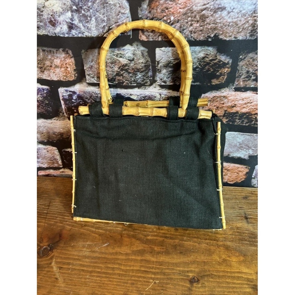 Bamboo54 Black Linen Handbag Purse Bamboo Handle Beach‎ Island Boho Vacation